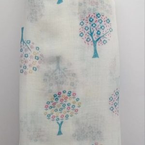 Ladies Scarf – Equilibrium White With Printed Blue & Coloured Trees